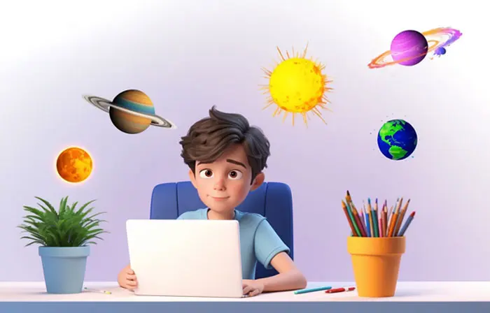 Creative Thinking Boy with Laptop at Desk Cartoon 3D Art Illustration image